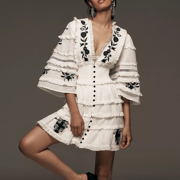 NWT By Anthropologie Embroidered V-Neck Ruffled Mini Dress - Picture 4 of 8